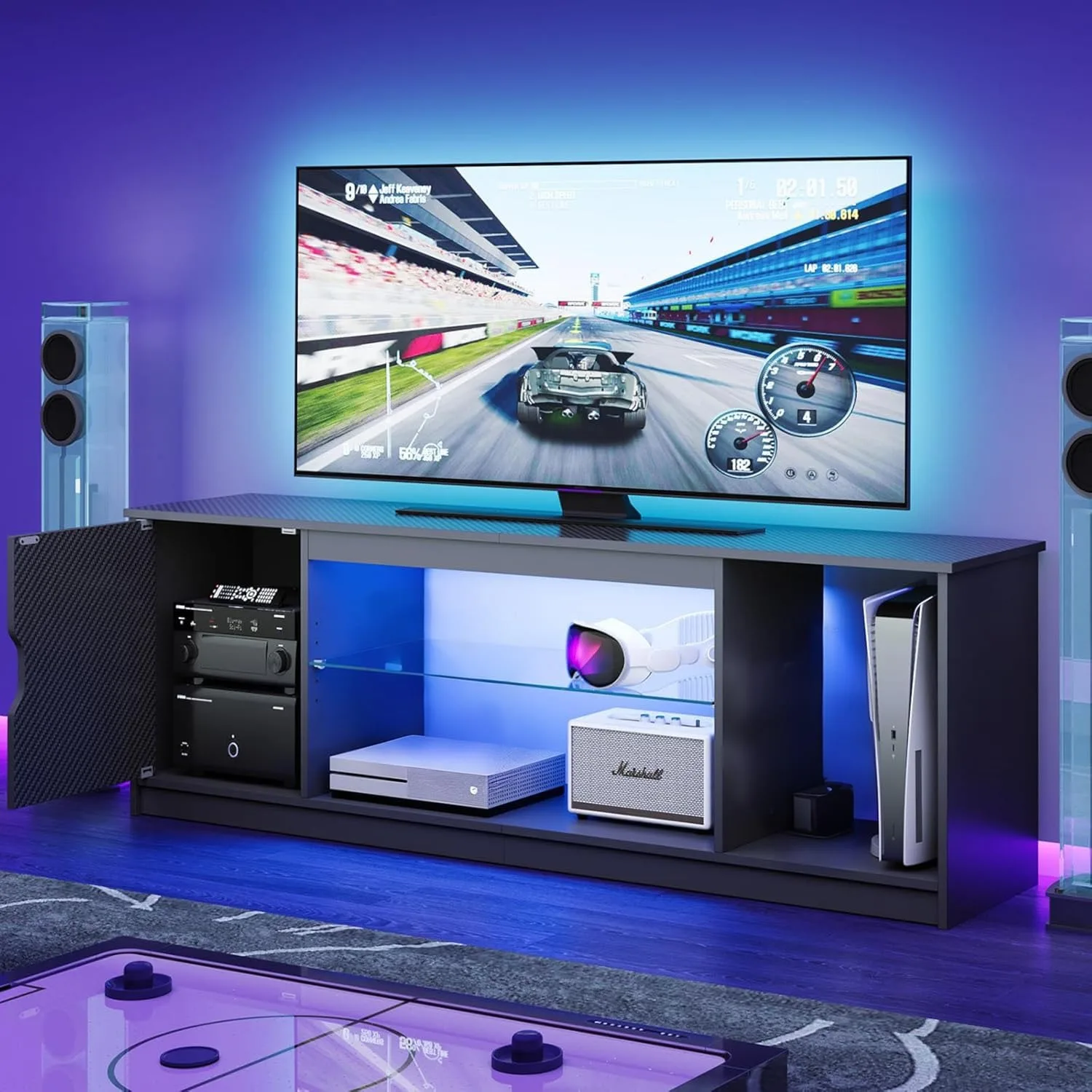 57" RGB LED Gaming TV Stand Adjustable Glass Shelves Fits 55/60/65" TVs, Custom