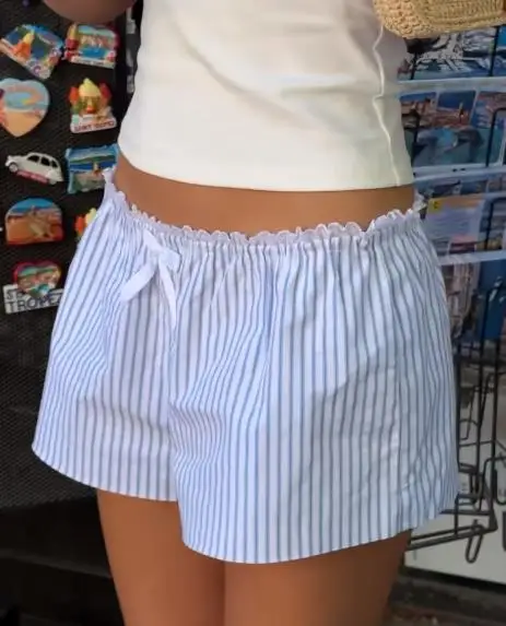 

Summer Chic Bow Trim Elastic Waist Shorts Women Striped Loose Fit Boxers Shorts Pants Preppy Y2K Kawaii Korean Lounge Shorts