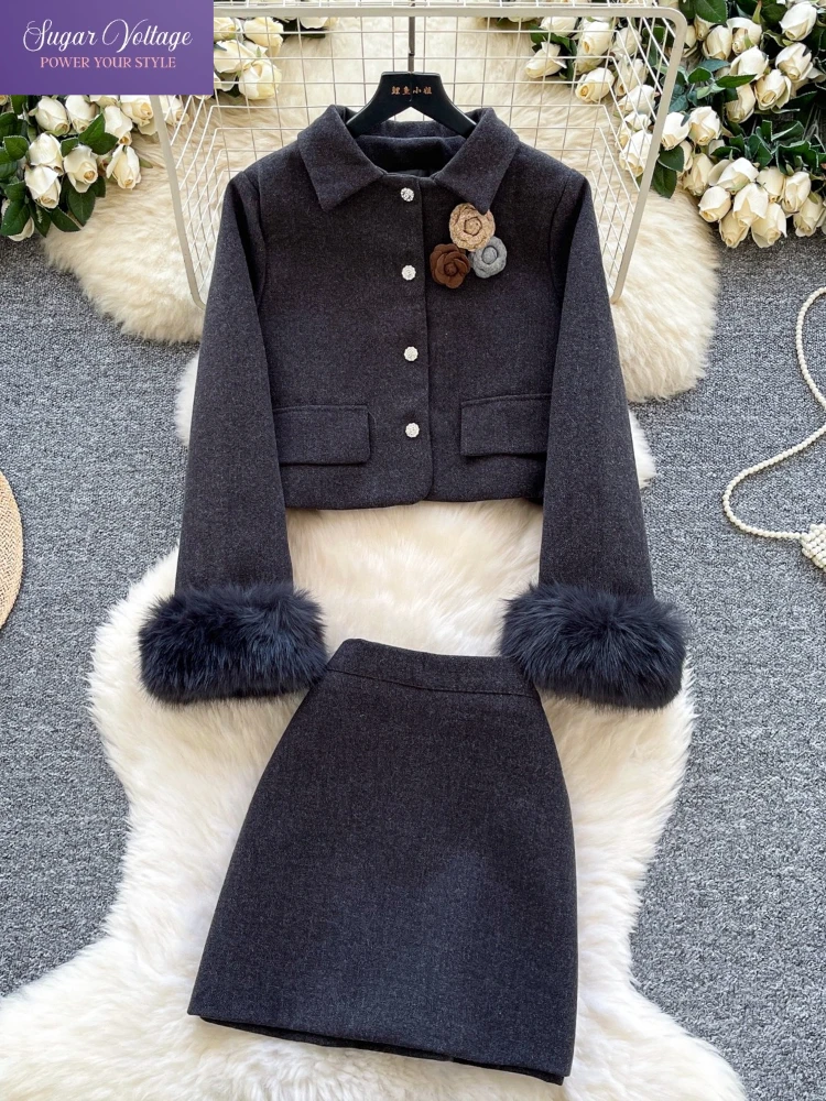 

French Elegant Tweed Two-Piece Set Women Slim Fit Long-Sleeve Floral Button Lapel Jacket + High-Waist Skirt Chic Office Outfit