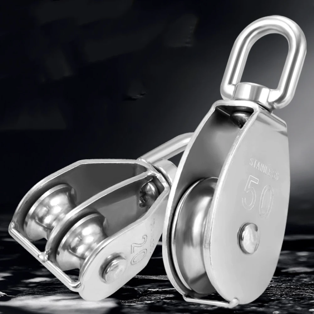 1pcs M15-M100 304 SS Single/Double Wheel Swivel Lifting Rope Pulley 360°Swivel Hanging Wire Rope Heavy Duty Lifting Wheel Tools