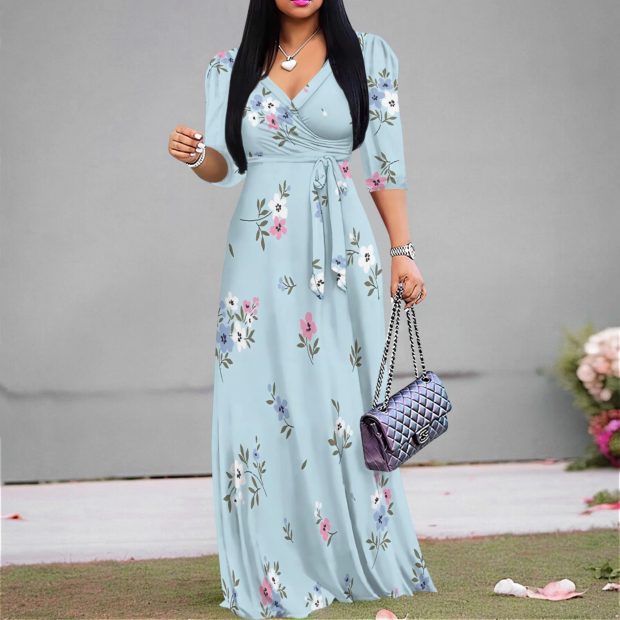 

EQQZD Standard Size Floral Maxi Dress, V-Neck 3/4 Puff Sleeve, Casual Flowy Dress with Pocket & Belt