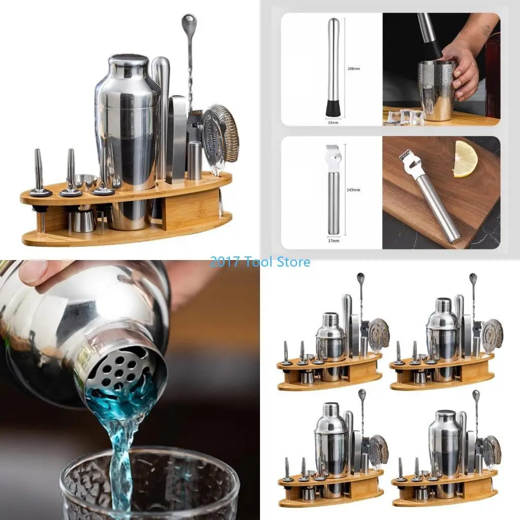

K92A 11pcs Stainless Steel Bartender Home Bar Tool Set with Wooden Stand Cocktail Shaker Strainer Measure Cup Spoon Tongs