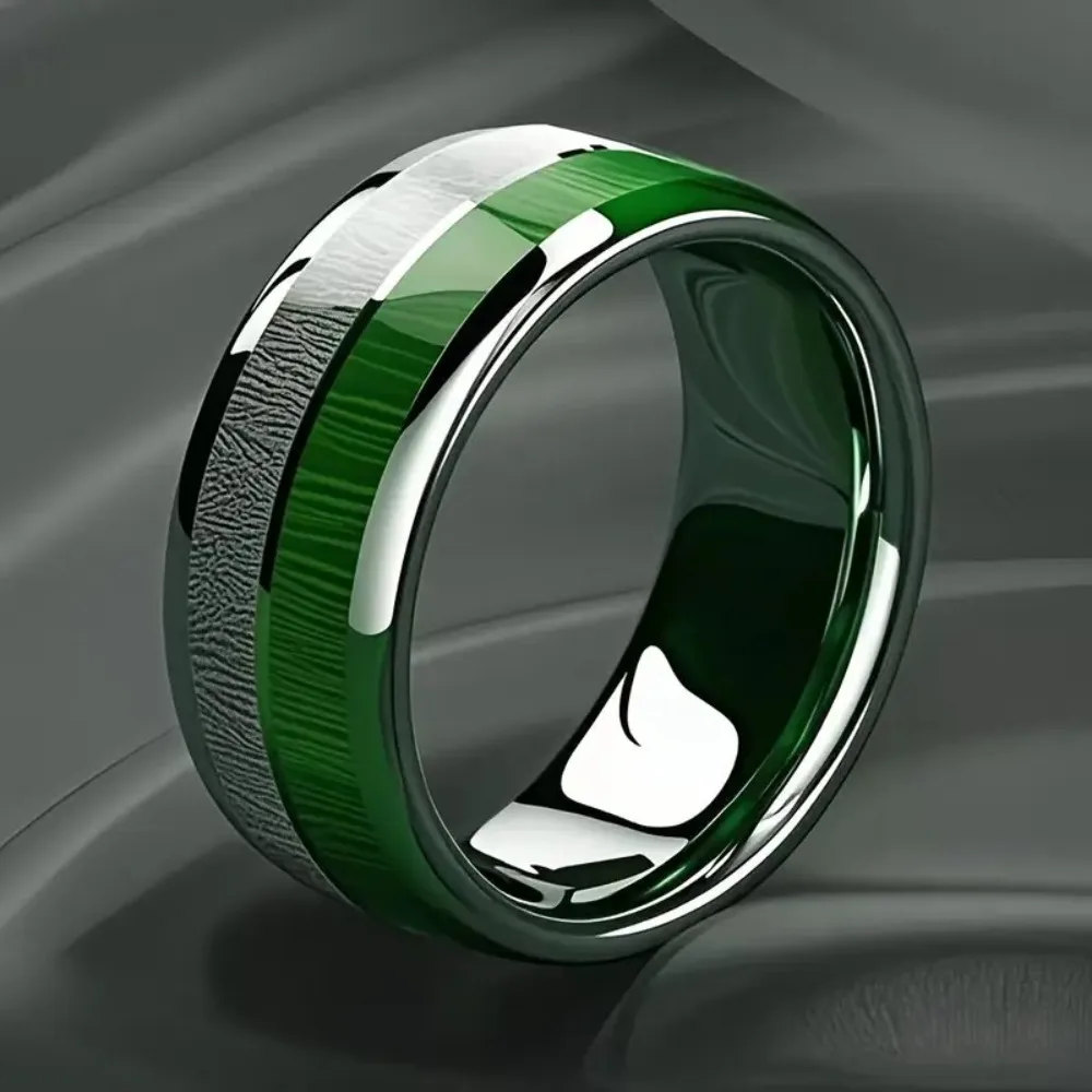 Fashion Stainless Steel Double Beveled Double Groove Inlaid with Green Marble 8 Mm Wide Rings for Men Personality Finger Jewelry