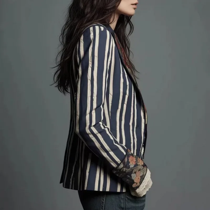 Women's Vintage Striped Blazer Floral Contrast Lapel Single Button Long Sleeve Jacket Boho Western Outerwear For Daily Office
