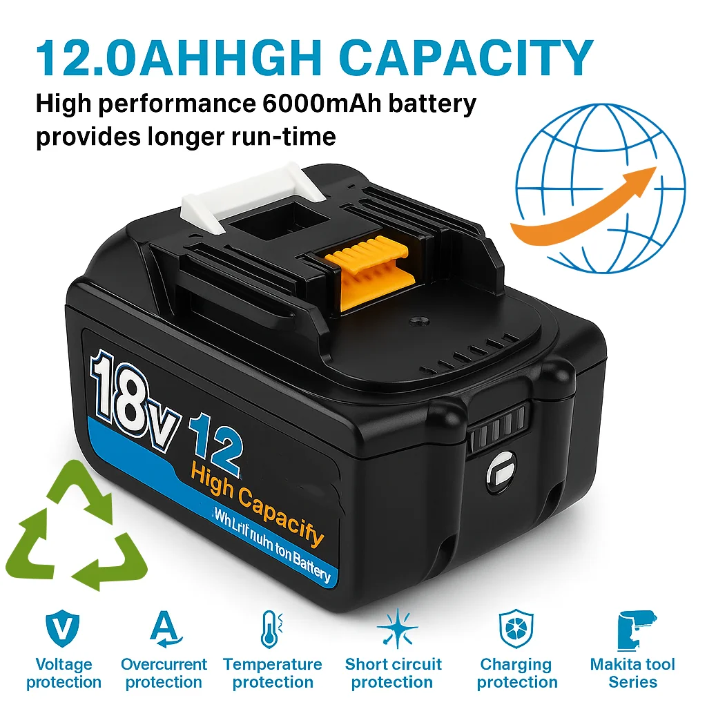 

New Long Runtime 18V 12.0Ah Lithium Battery for Makita BL1860B BL1850B, Fits Makita Drill Driver DGA404 DDF487 DTW700 Cordless