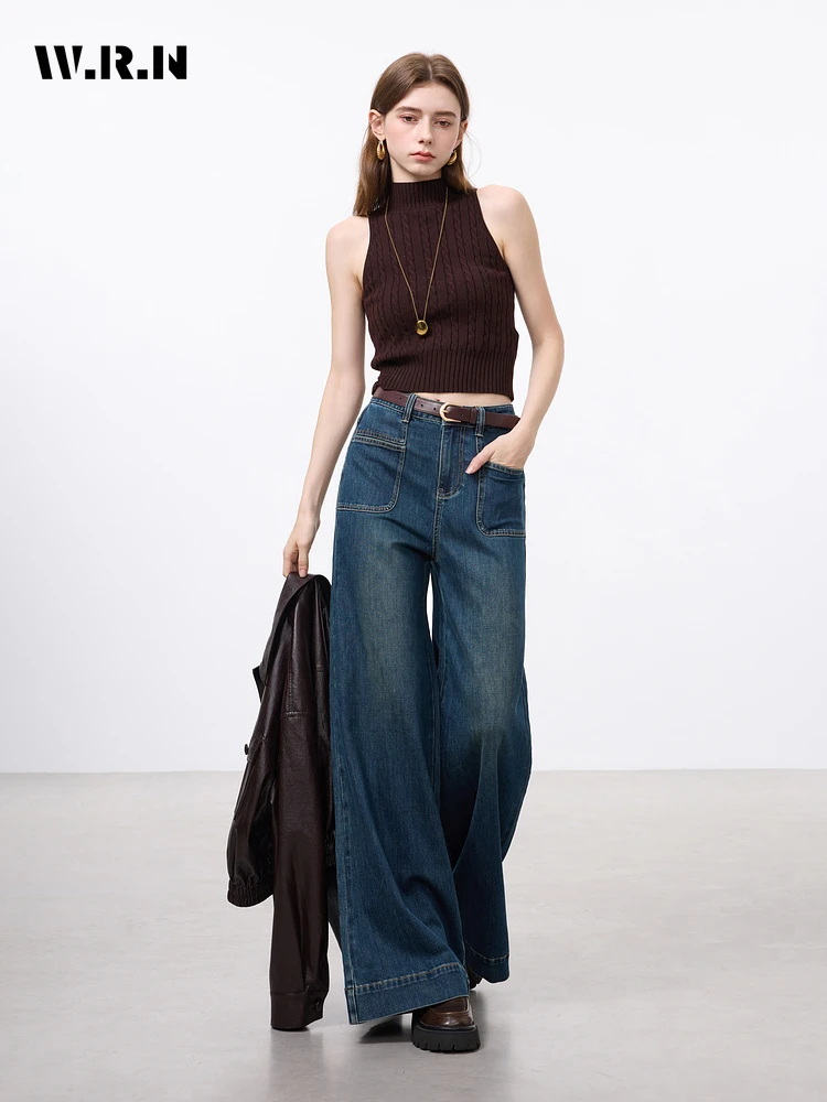 

Women's Autumn New Fashion Retro Micro-flared Jeans, Solid Color High-waisted Straight Wide Leg Pants, Loose Floor-length Jeans