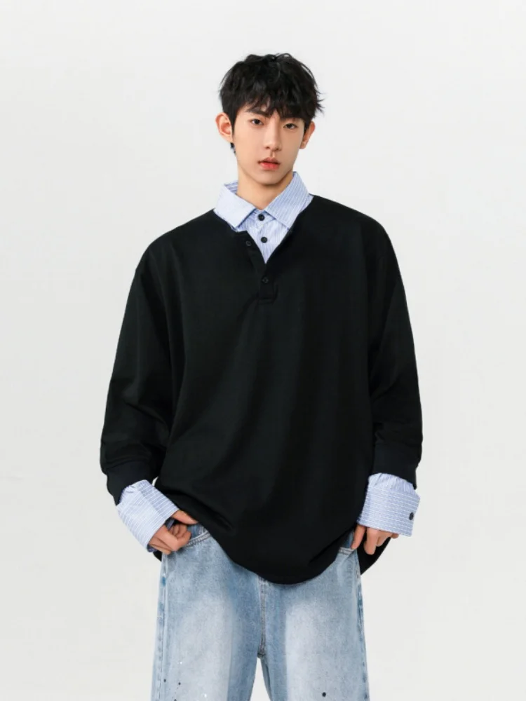 

American Sle Men's Spring Autumn Hoodie irt Collar Patchwork Stripe Splicing Casual Faionable Long Sve Sweatirt