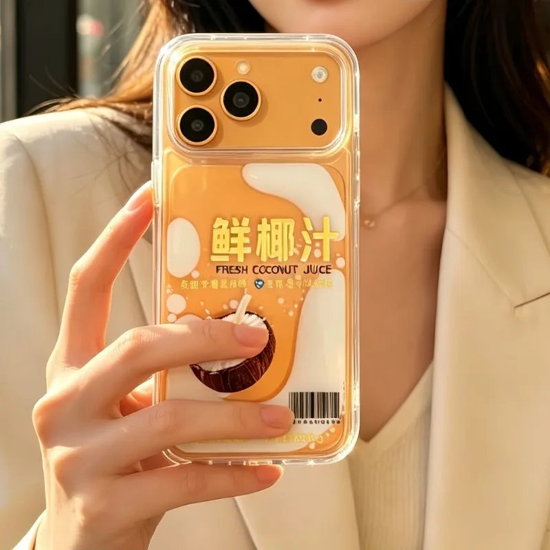 For IPhone 17 Pro Max 16 15 14 13 12 11 Plus XS Funny Coconut Juice White Liquid Quicksand Phone Case Transparent Dynamic Cover