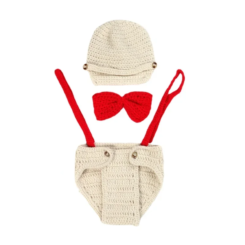 Newborn Photography Clothing Suit Cartoon Knitted Cap Bow Tie Gentleman Strap Shorts Set Cute Babies Photo Shooting Accessories