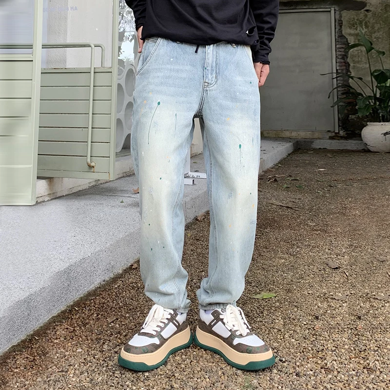 American Streetwear Splash-Ink Mens Jeans Fashion Casual Denim Cargo Pants Japanese Harajuku Men Clothing Loose Trousers Male