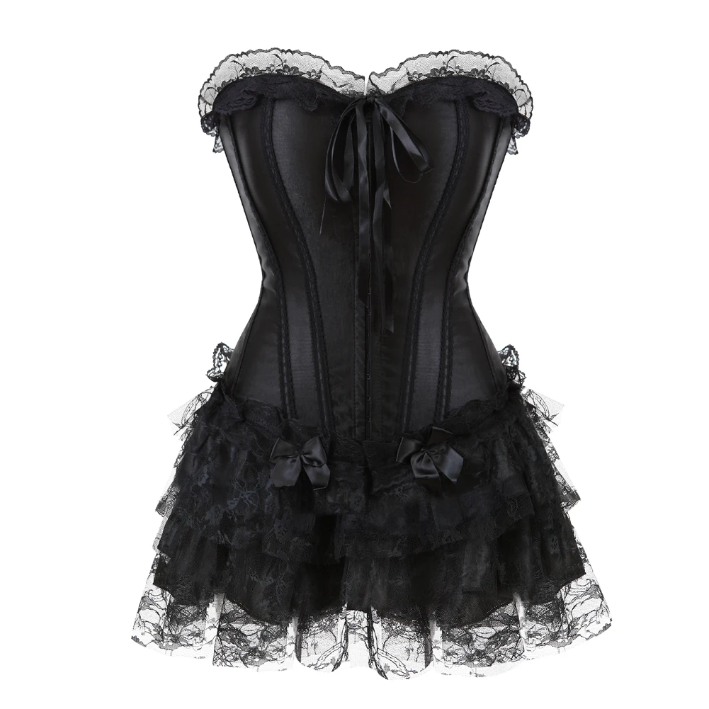 

Women Vintage Brocade Lace Overbust Corset Top Mini Tutu Pleated Skirt Sexy Bustier Lingerie Victorian Fashion Corset Costume