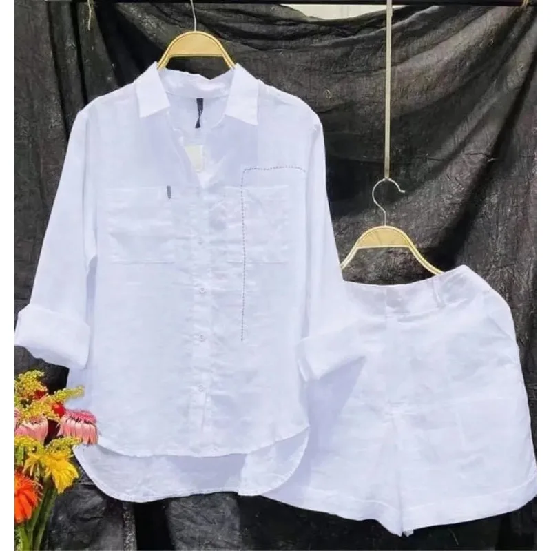 

2024 Summer Loose Casual Fashion White 2-piece Women's Long-sleeved Shirt and Shorts 2-piece Women's Family Suit