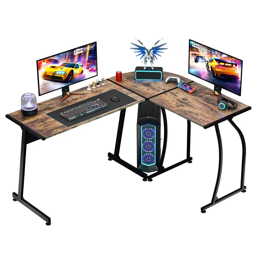 

55 LShaped Corner Computer Desk Sturdy Steel Frame amp Waterproof Surface, Brown Wood Grain Design for Home Office, Gaming amp