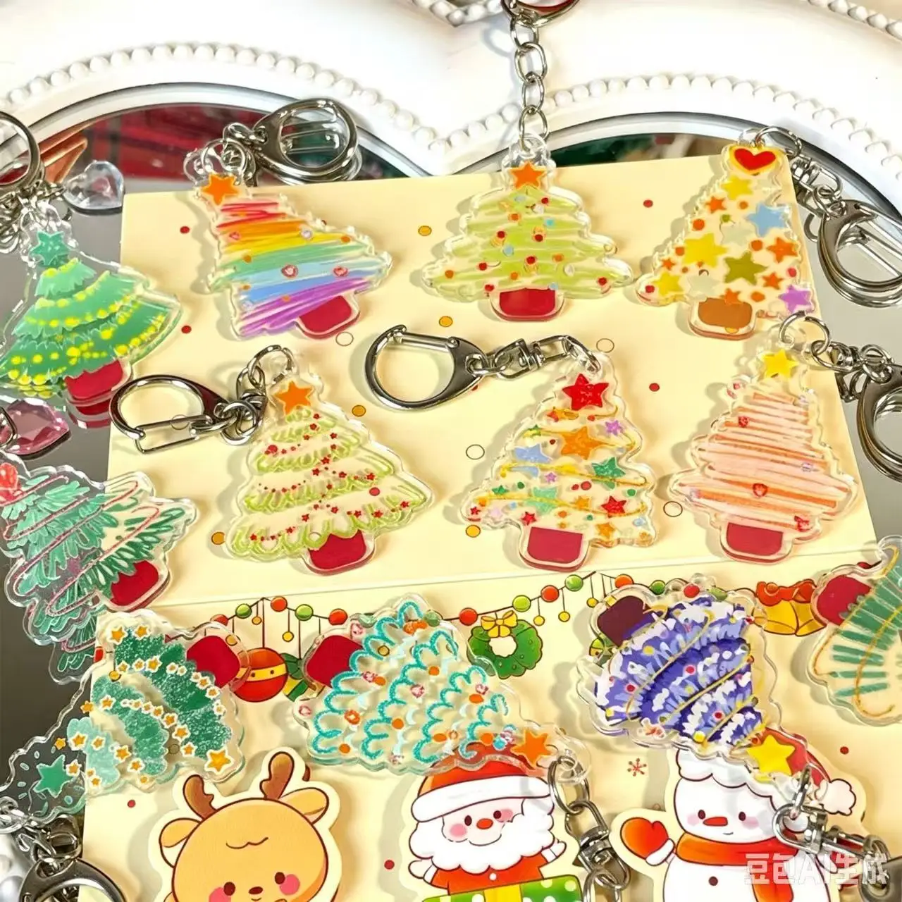 2Pcs Random Cartoon Oil Painting Christmas Tree Keychain, Christmas Hanging Ornament Holiday Gift