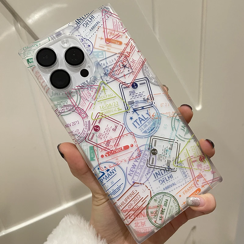 Ins Stylish New York London Italy Sticker Labels Phone Case For iPhone 16 15 13 14 12 Pro Max Clear Right Angle Side Back Cover