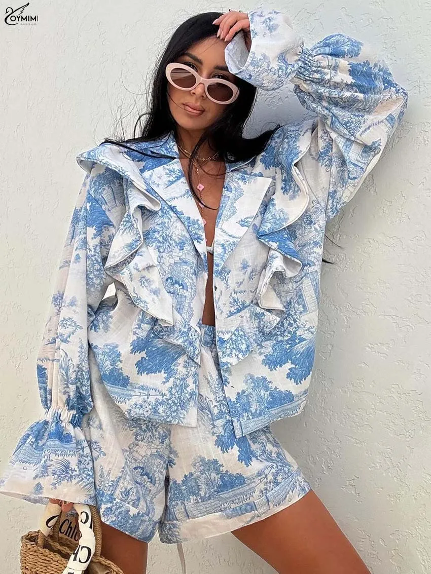 Oymimi Elegant Pink Print 2 Pieces Set For Woman Fashion Lapel Long Sleeve Ruffled Button Shirts And High Waisted Shorts Sets