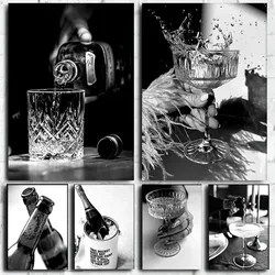 Black and white bar champagne beer wine glass whisky high-definition poster wall art canvas painting living room home decoration