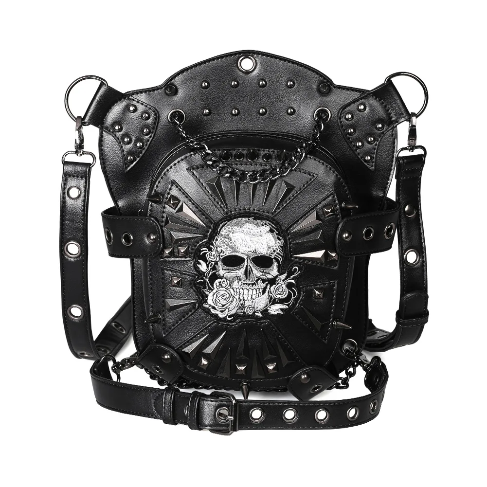 Fashionable Motorcycle Leg Bag Punk Style Metal Chain Embroidered Skull Shoulder Crossbody Bag Outdoor Riding Waist Bag