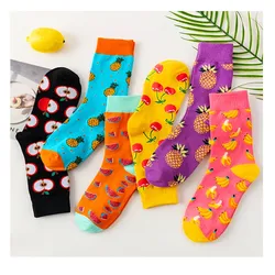 1 Pair Cotton Women Socks Cartoon lovely Apple Banana Pineapple Cheery Print Funny Casual Girls Hosiery Streetwear Harajuku Sox