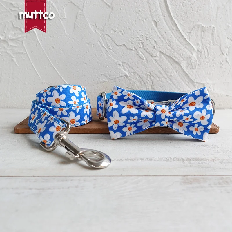 MUTTCO The independent design dog bow tie collar leash BLUE DAISY personalized adjustable puppy nameplate collar 5 sizes UDC135