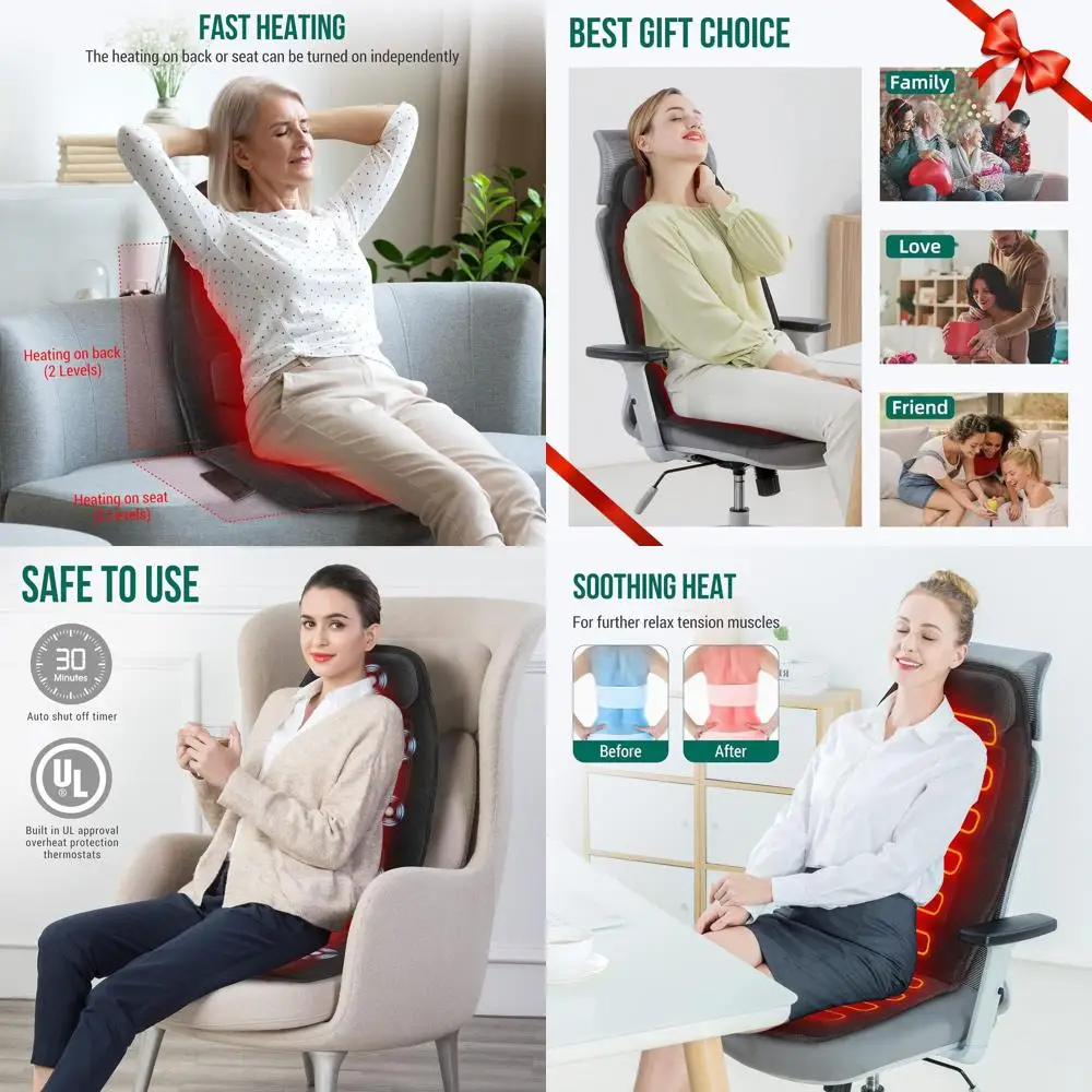 

Массажная подушка с подогревом и вибрацией, управлением через приложение, поддержкой поясницы и пеной с эффектом памяти для комфорта