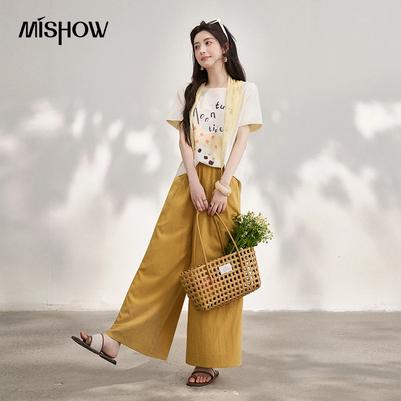MISHOW Pure Cotton T-Shirt 2026 Summer New Hand-Painted Letter Embroidery Print Loose Casual Women's Top With Shawl MXF25T1625