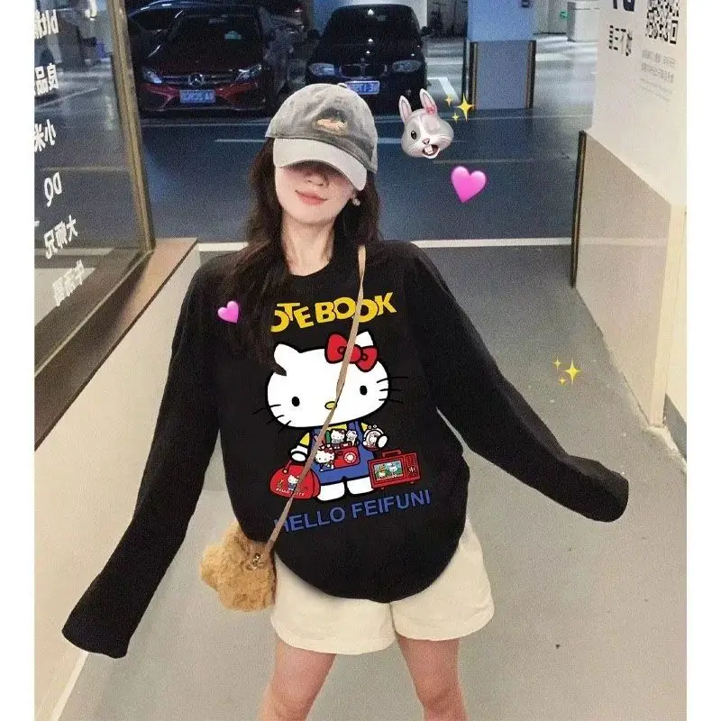 

Black Explosion KT Cat Cartoon Long Sleeve 3D Printed T-Shirt, Casual Pair Womens Top Round Neck Lazy Style, Quick Dry Fashion