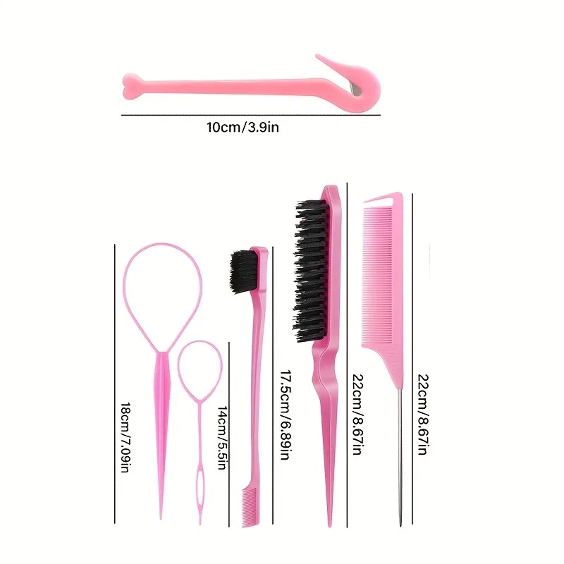 6Pcs Professional Hair Styling Tools Set - Rat Tail Comb, Bristle Brush, Edge Brush, Topsy Tail Hair Tool & Braid Hook Kit view 6
