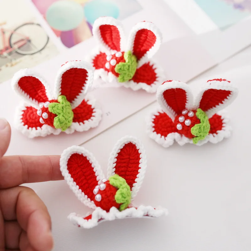 Pure Handmade Knitted Wool Pearl Strawberry Rabbit Ears Barrettes BB Clip Handmade Crochet Barrettes Exquisite Hair Accessories