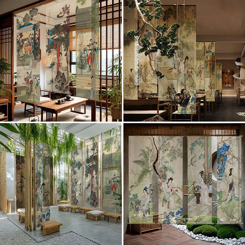 Chinese Bird & Flower Tapestry Gauze Lady Figure Art Ink Painting Hanging Cloth Wall Decor Home Hotel Tea Room Partition Curtain