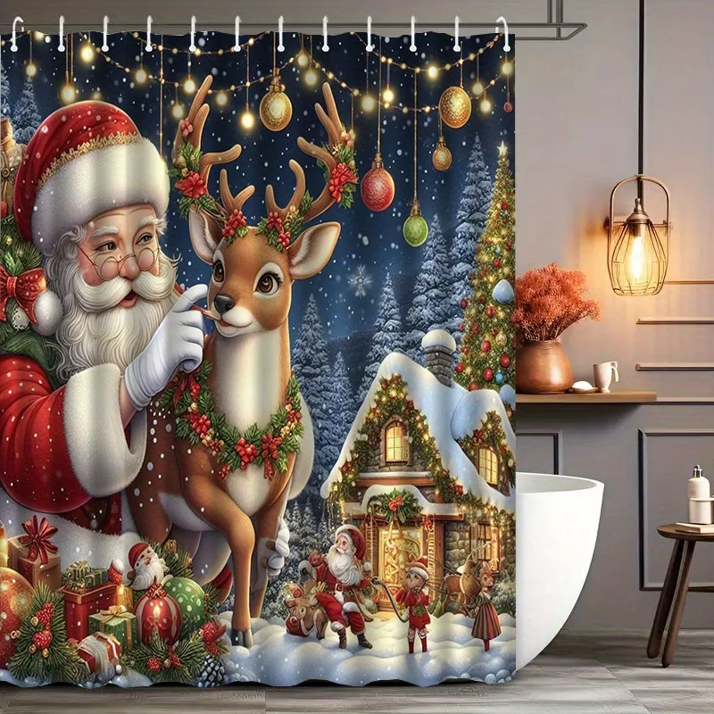 

Праздничная рождественская занавеска для душа с дизайном Санта-Клауса и оленя, полиэфирная ткань, можно стирать в машине, в комплект входят крючки
