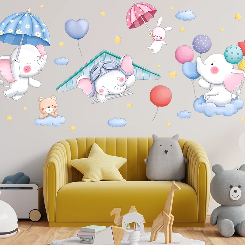 Cartoon Rabbit Elephant Bear Wandering In Sky Wall Stickers For Kids Bedroom Decor Animal Mural Art Home Decal Pvc Poster