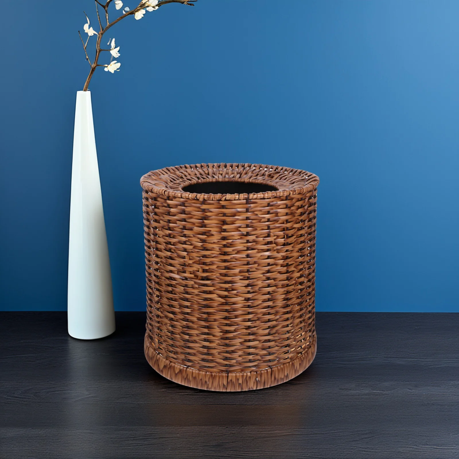 Rattan-like Trash Can Garbage Bin Waste Basket Vintage Green Double Layer 12L Capacity Bathroom Bedroom Office Use