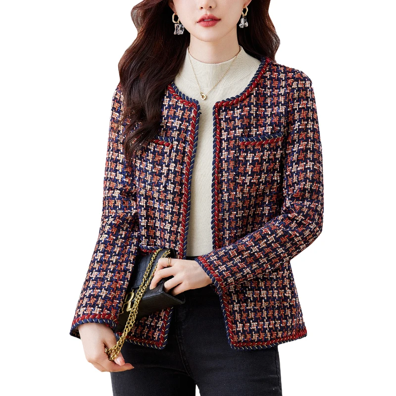 

Stylish Houndstooth Tweed Jacket Women Spring Autumn Korean Fashion O Neck Long Sleeve Woolen Coat Outerwear Chaqueta Mujer