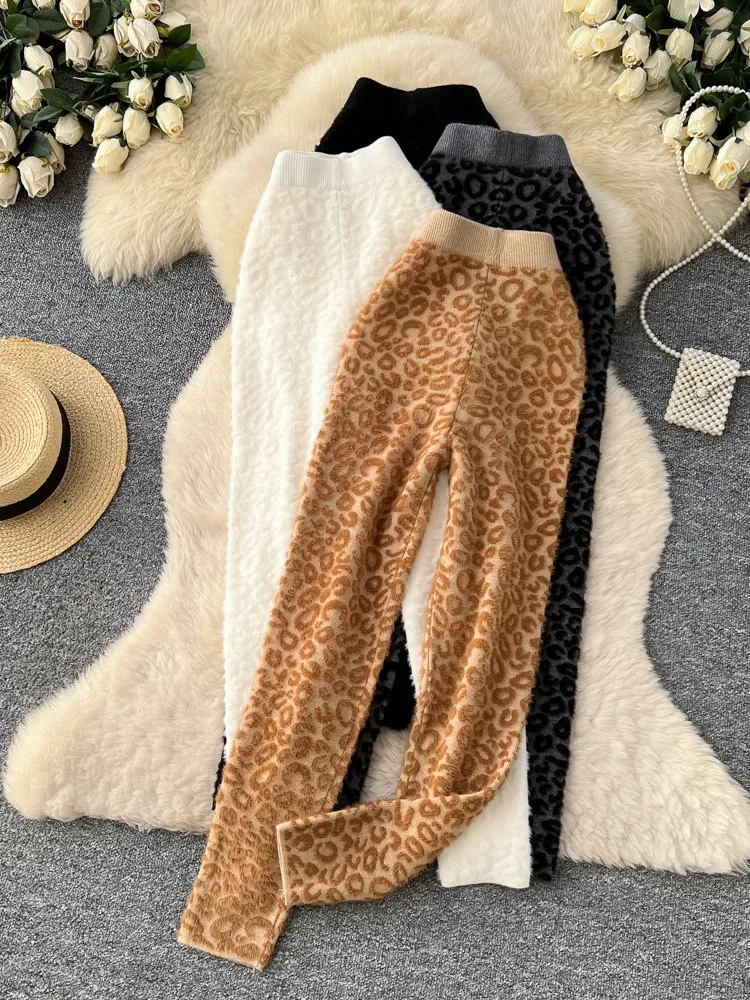 

Женские модные вязаные брюки Foamlina с леопардовым принтом, с высокой талией, пушистые, повседневные, на резинке, теплые, для дома и отдыха