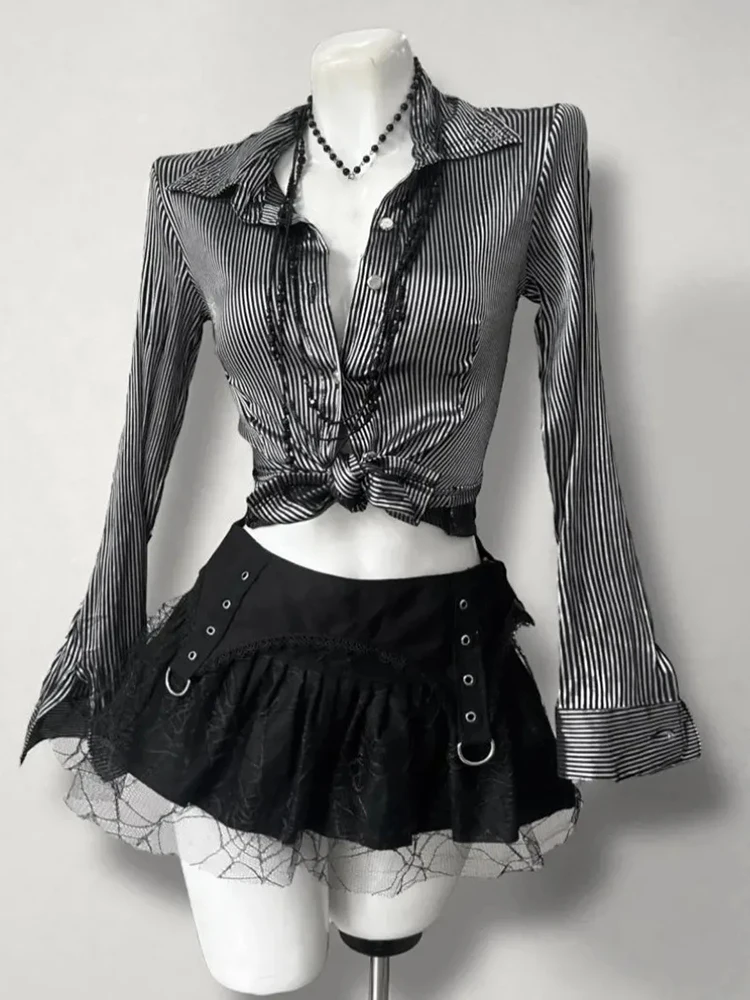 

Новая блузка в японском стиле Y2K: готическая рубашка с кружевными вставками, полосками, длинными рукавами, бантом и шнуровкой, в стиле Харадзюку