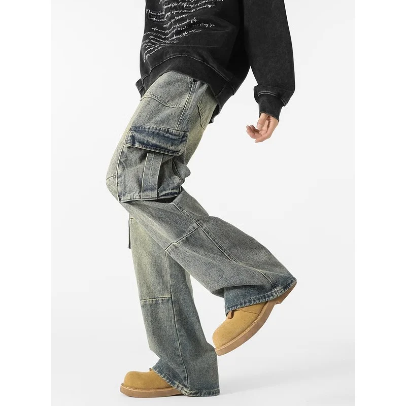 GIOIOMen's Cargo Jeans, Four Seasons American Multi-Pocket Loose Straight Wide Leg Denim Herrenhose