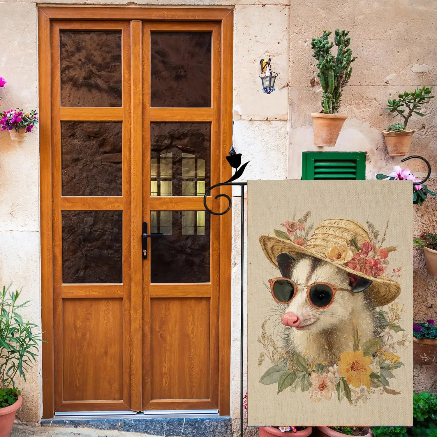 Ice Ink Spring Summer Cute Opossum Garden Flag Sunglasses and Flower Hat 12x18 Inch Double Sided Colorful Yard Flags Funny H IIX