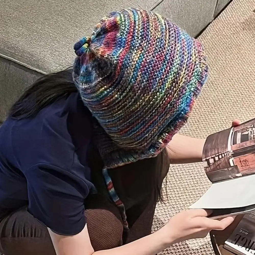 Rainbow Striped Knitting Beanie Hat Thick Knit Handmade Crochet Winter Bucket Hat Gradient Wool Soft Fabric Crochet Cap