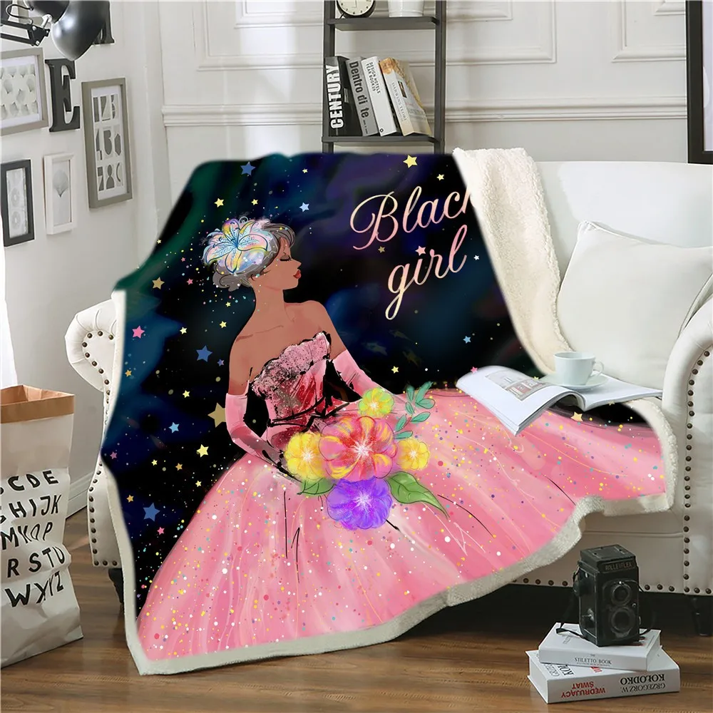 African Woman Funny Character Blanket 3D Print Sherpa Blanket on Bed Home Textiles Dreamlike Style for Birthday Gift