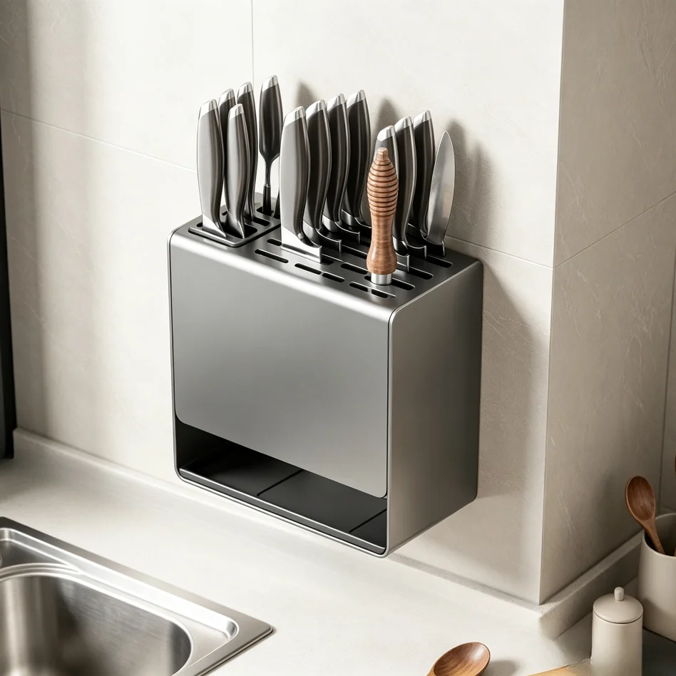 All-in-One Dual Use Kitchen Rack Gray Knife Chopstick Holder Wall Mount & Countertop Storage