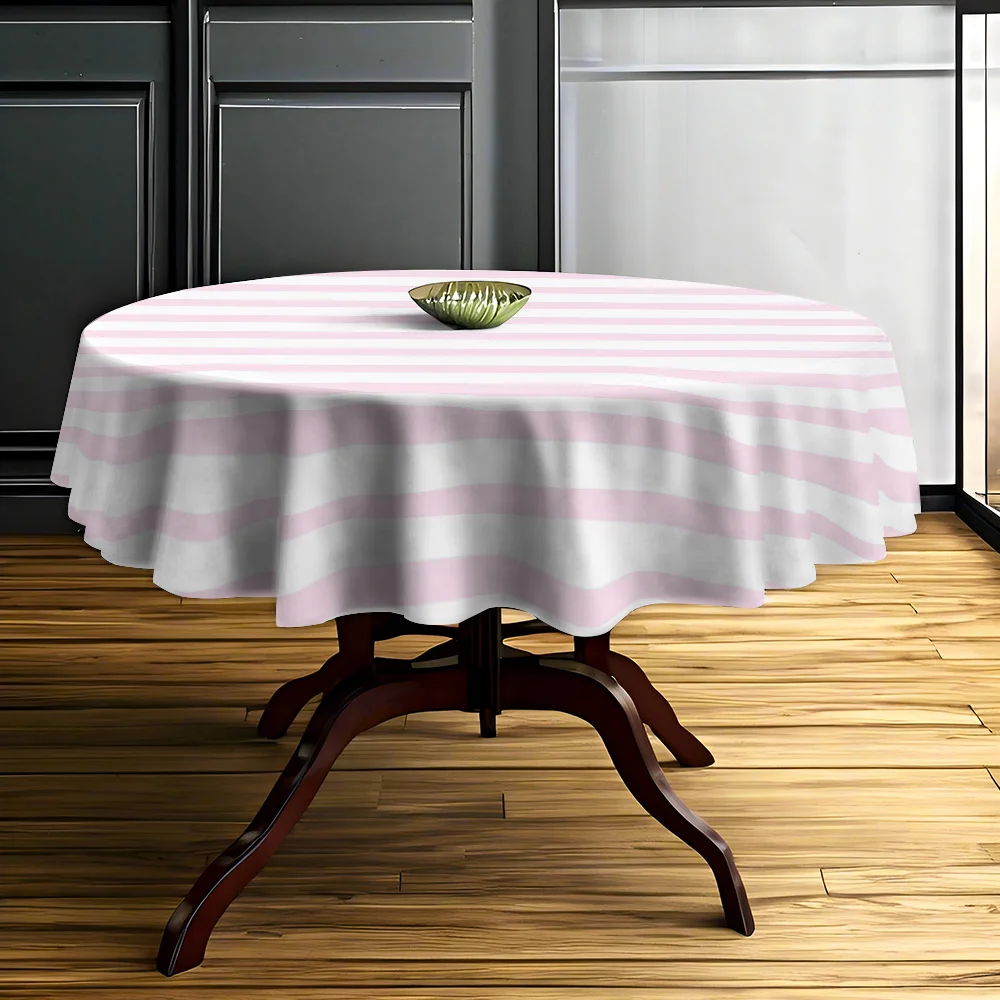 Round tablecloth 1pc 2D Flat, fresh and simple style powder white stripes, elegant decorative style striped pattern,