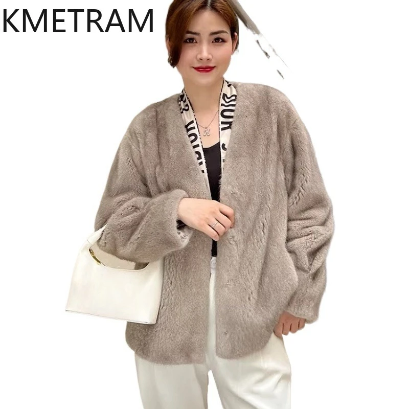 KMETRAM 100% 天然ミンク毛皮ジャケット女性用 V ネックショートリアルミンク毛皮コート冬アウターウェア女性服 2026 шуба
