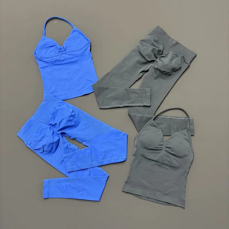 2 Pieces Sports Set Seamless Longline Strappy Vest Yoga Top Women High Elastic Leggings Gym Fitness Running Workout Fitness Sets