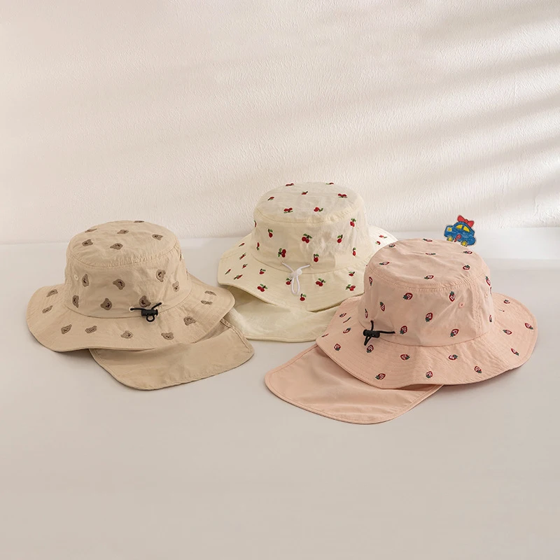 Summer Baby Sun Hat for Kids Adjustable Quick Dry Neck Visor Bonnet Embroidery Cherry Children's Fisherman Hat With Shawl Gorras