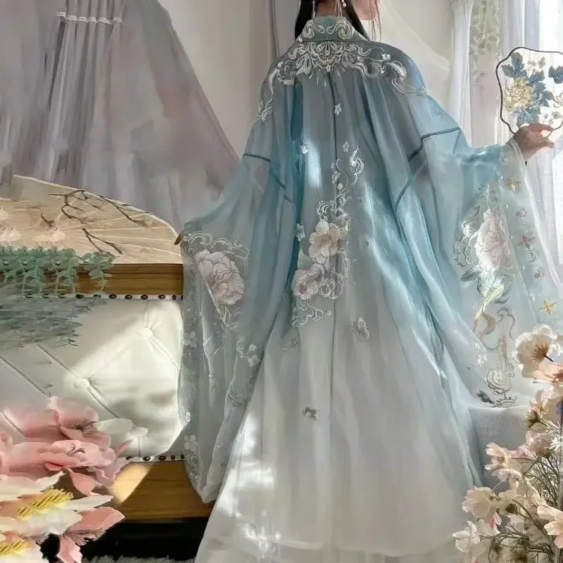 Chinesischer Hanfu Frauen weißer Tee Hezi Rock Schwerindustrie Stickerei Farbverlauf Super unsterbliche Performance-Kleid