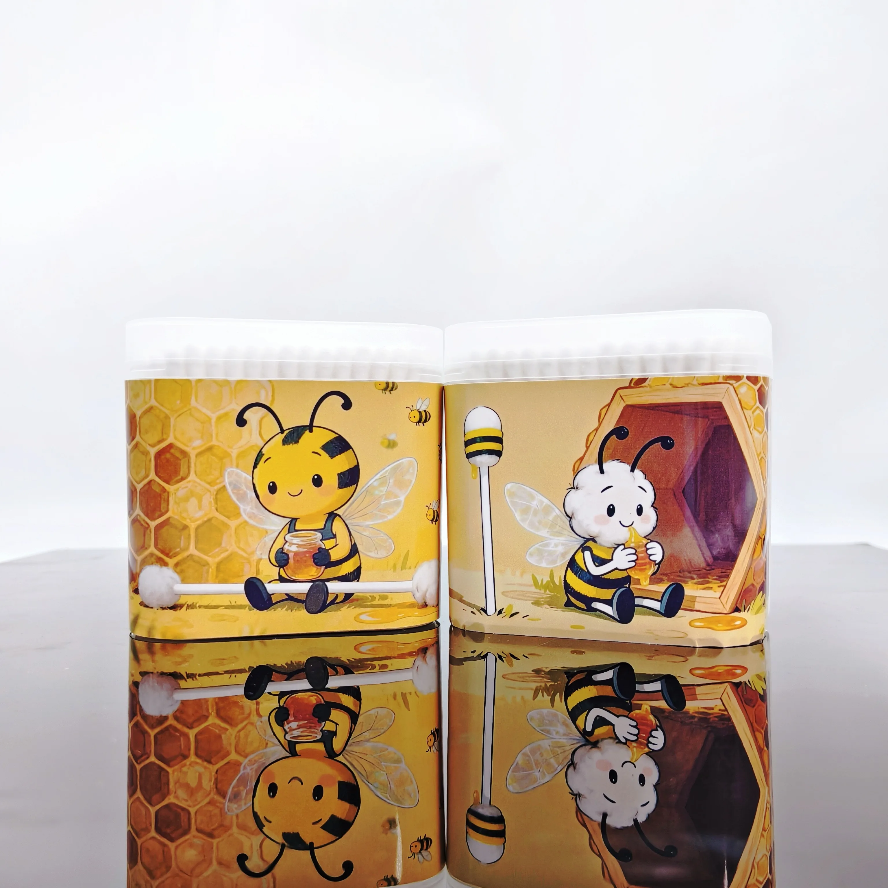 400PCS 귀여운 꿀벌 패턴 더블 헤드 면봉 스틱, 흰색 면봉, 성인용 면봉