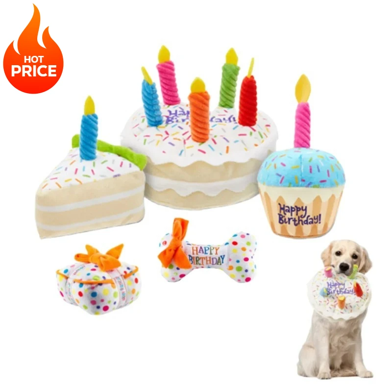 Pastel de cumpleaños para perro, juguete de peluche suave chirriante con velas coloridas, masticar relleno divertido y duradero para razas grandes, bufanda de regalo de cumpleaños