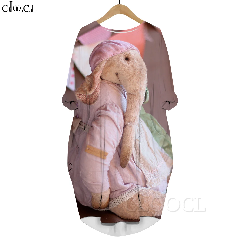 CLOOCL Kawaii Dress Plush Toy Rabbit with Lolita Dress Graphics 3D Printed Party Dress Long Sleeves Pocket Mid-length Dress 5XL