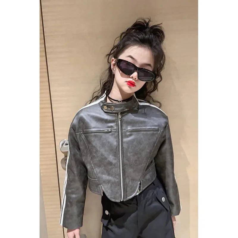 

Teen girls motorcycle leather jacket 2023 Childrens autumn 4-14 Korean tops coat for girls casual glossy patent kids outerwear